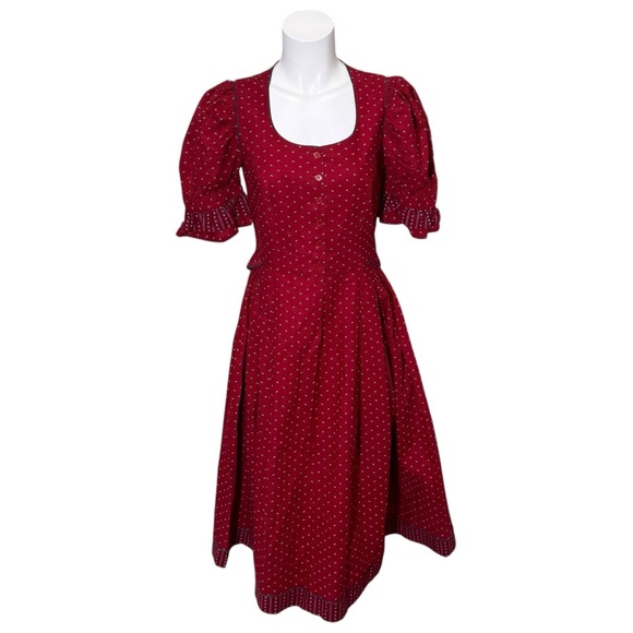 Vintage 60s Alphorn Red Traditional Austrian Folk Button Dress 100% Cotton Sz 6 - Picture 1 of 13